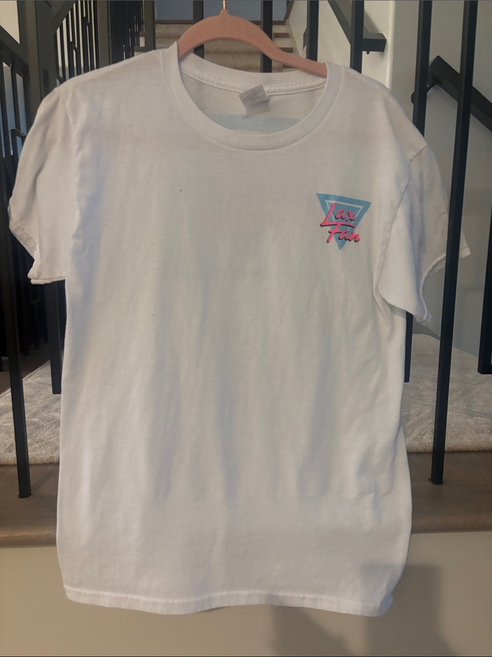 White Graphic Tee with Pink & Teal Chest Logo